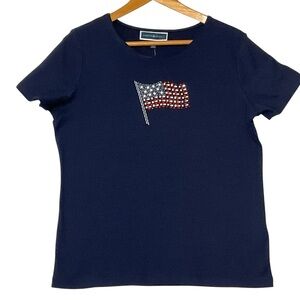 KAREN SCOTT sz Petite Large Patriotic T Shirt Embellished Bead Flag  NWT Navy +